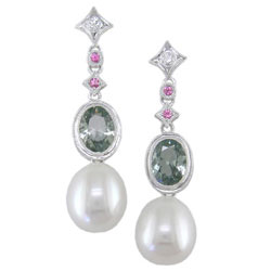 E1129 18KW Pearl, Assorted Sapphire and Diamond Earrings
